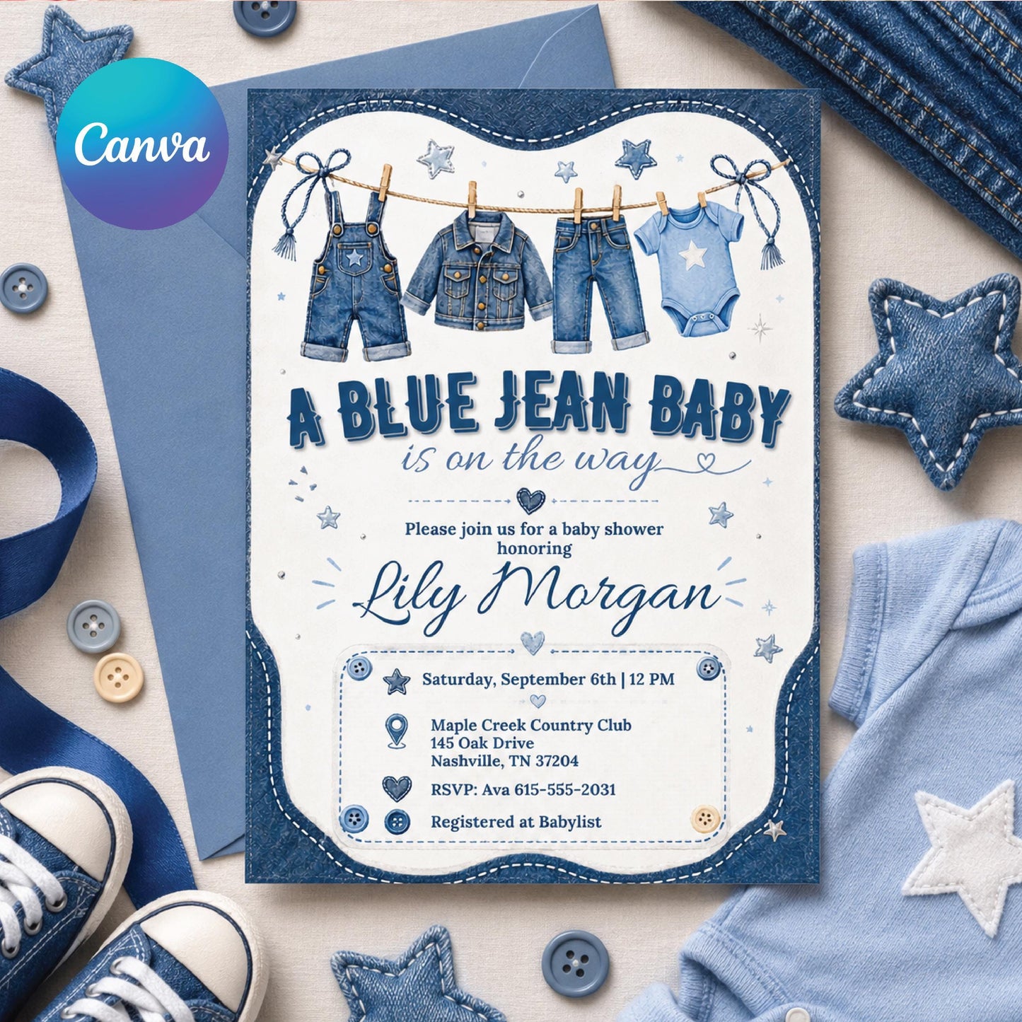 Blue Jean Baby Shower Invitation, Baby Sprinkle Invite, Denim Baby Shower, Cowboy Baby Shower, Editable Baby Shower Invitation Template __etsy:8018587680