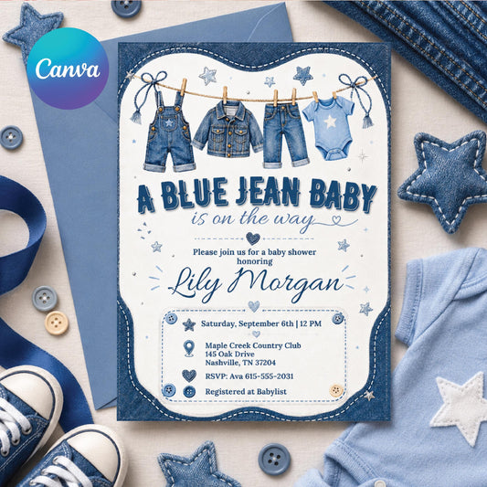 Blue Jean Baby Shower Invitation, Baby Sprinkle Invite, Denim Baby Shower, Cowboy Baby Shower, Editable Baby Shower Invitation Template __etsy:8018587680