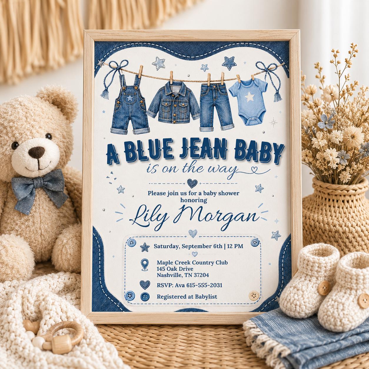 Blue Jean Baby Shower Invitation, Baby Sprinkle Invite, Denim Baby Shower, Cowboy Baby Shower, Editable Baby Shower Invitation Template __etsy:8018584984