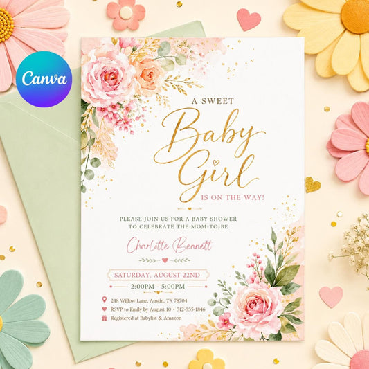 Blush Pink Baby Shower Invitation girl, pink floral, sweet baby girl, Baby Girl Shower Invite Template, Floral Watercolor, Canva Template __etsy:8051678169