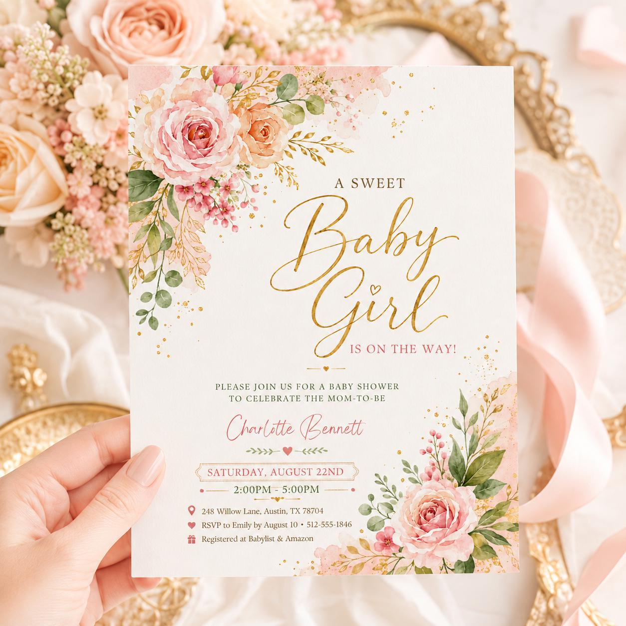 Blush Pink Baby Shower Invitation girl, pink floral, sweet baby girl, Baby Girl Shower Invite Template, Floral Watercolor, Canva Template __etsy:8003749082
