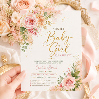 Blush Pink Baby Shower Invitation girl, pink floral, sweet baby girl, Baby Girl Shower Invite Template, Floral Watercolor, Canva Template __etsy:8003749082