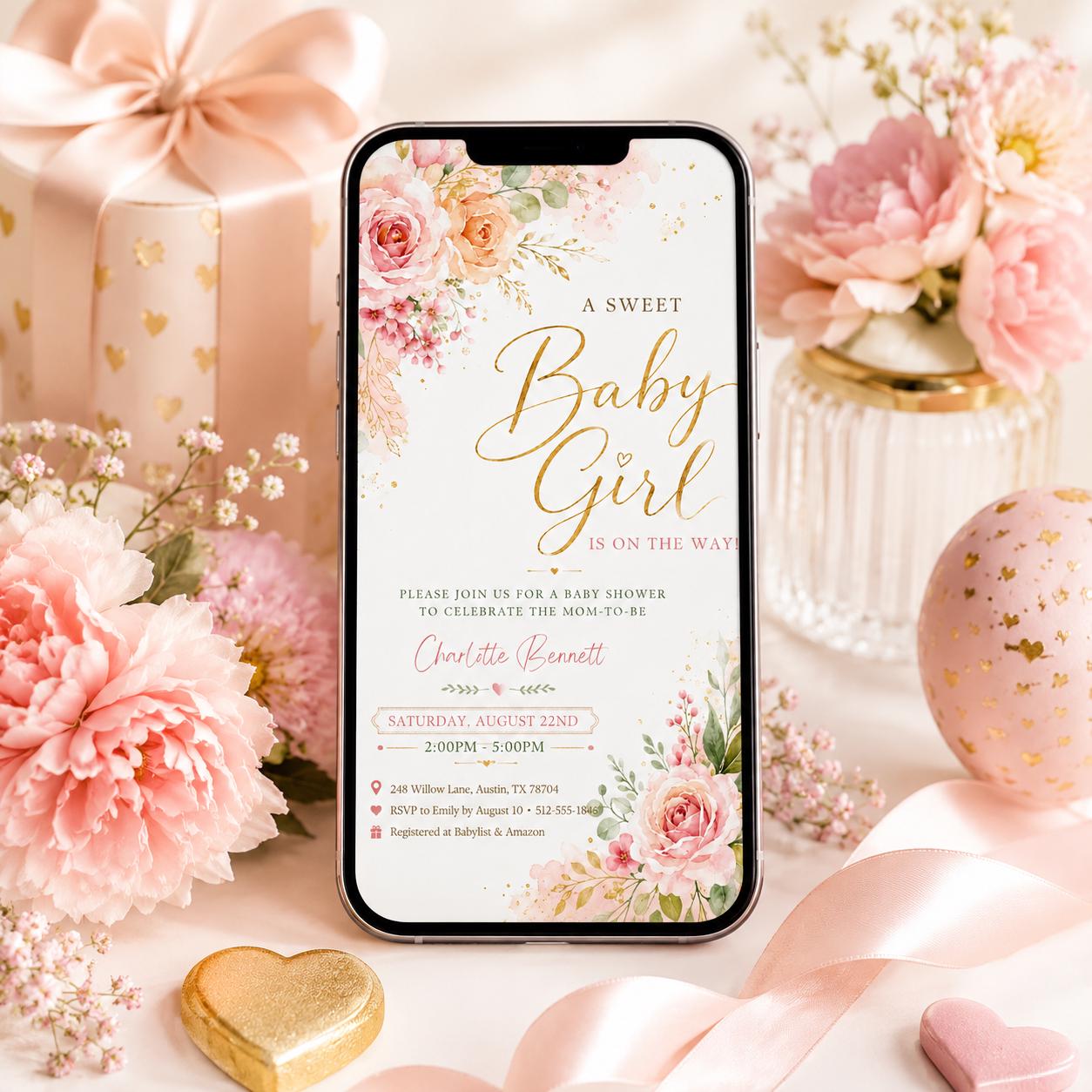 Blush Pink Baby Shower Invitation girl, pink floral, sweet baby girl, Baby Girl Shower Invite Template, Floral Watercolor, Canva Template __etsy:8003749182
