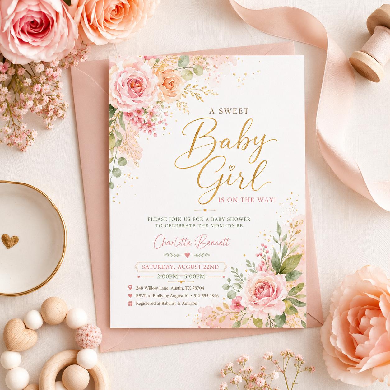 Blush Pink Baby Shower Invitation girl, pink floral, sweet baby girl, Baby Girl Shower Invite Template, Floral Watercolor, Canva Template __etsy:8003749224