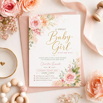 Blush Pink Baby Shower Invitation girl, pink floral, sweet baby girl, Baby Girl Shower Invite Template, Floral Watercolor, Canva Template __etsy:8003749224
