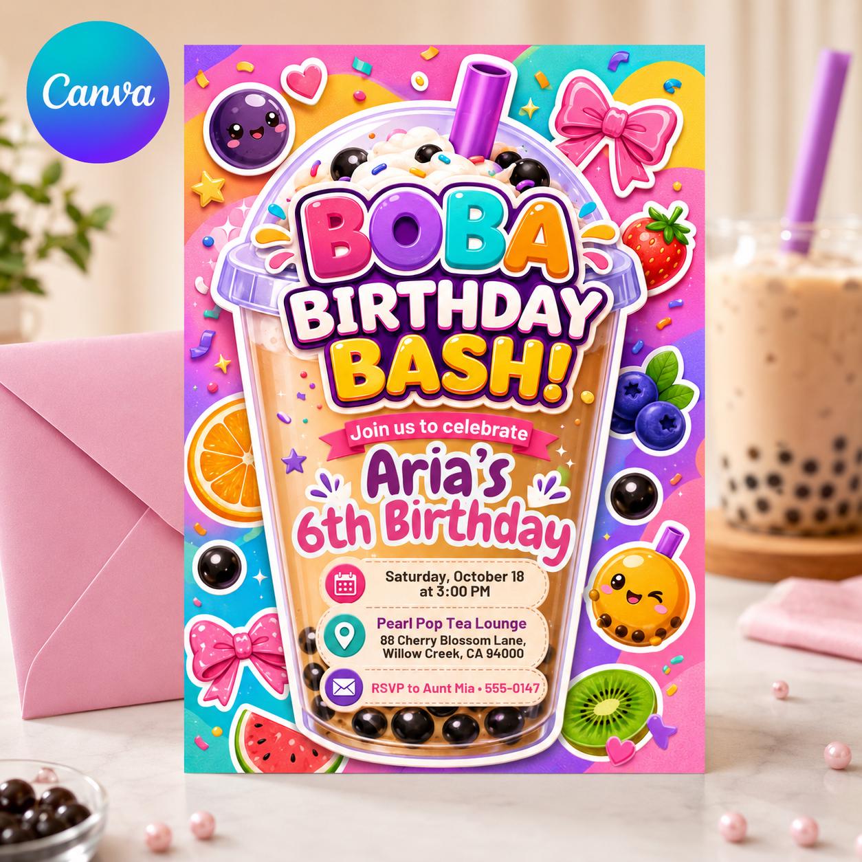 Boba Birthday Invitation Template, Boba With My Besties Birthday Party Invite, Kawaii Boba Birthday, Editable on Canva __etsy:8119878559