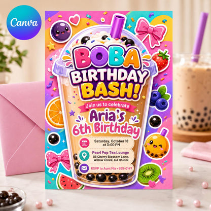Boba Birthday Invitation Template, Boba With My Besties Birthday Party Invite, Kawaii Boba Birthday, Editable on Canva __etsy:8119878559