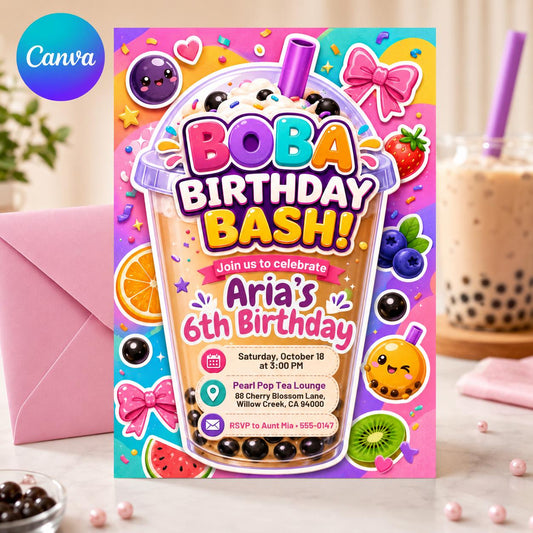 Boba Birthday Invitation Template, Boba With My Besties Birthday Party Invite, Kawaii Boba Birthday, Editable on Canva __etsy:8119878559