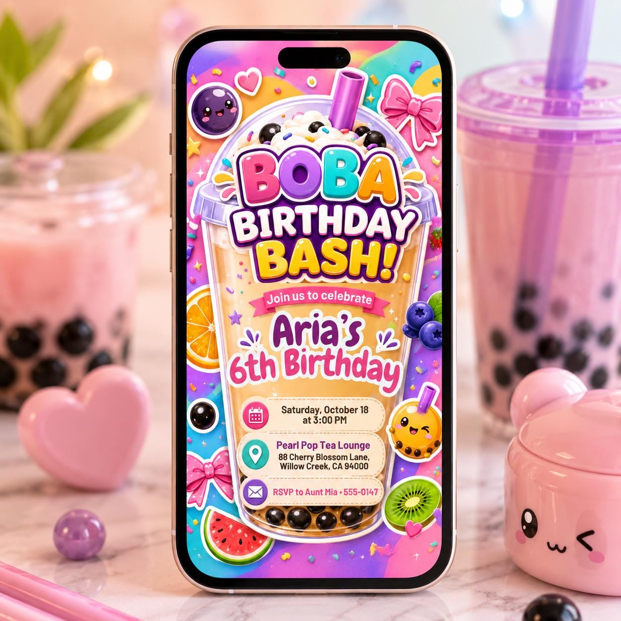 Boba Birthday Invitation Template, Boba With My Besties Birthday Party Invite, Kawaii Boba Birthday, Editable on Canva __etsy:8119878537
