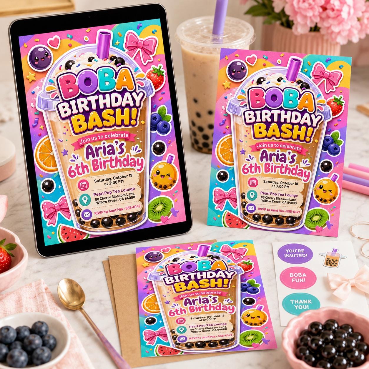 Boba Birthday Invitation Template, Boba With My Besties Birthday Party Invite, Kawaii Boba Birthday, Editable on Canva __etsy:8119878571