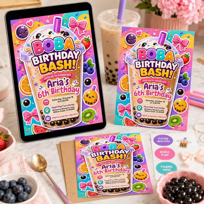 Boba Birthday Invitation Template, Boba With My Besties Birthday Party Invite, Kawaii Boba Birthday, Editable on Canva __etsy:8119878571