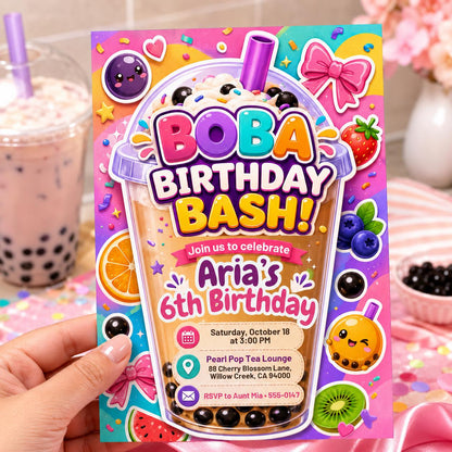 Boba Birthday Invitation Template, Boba With My Besties Birthday Party Invite, Kawaii Boba Birthday, Editable on Canva __etsy:8071957718