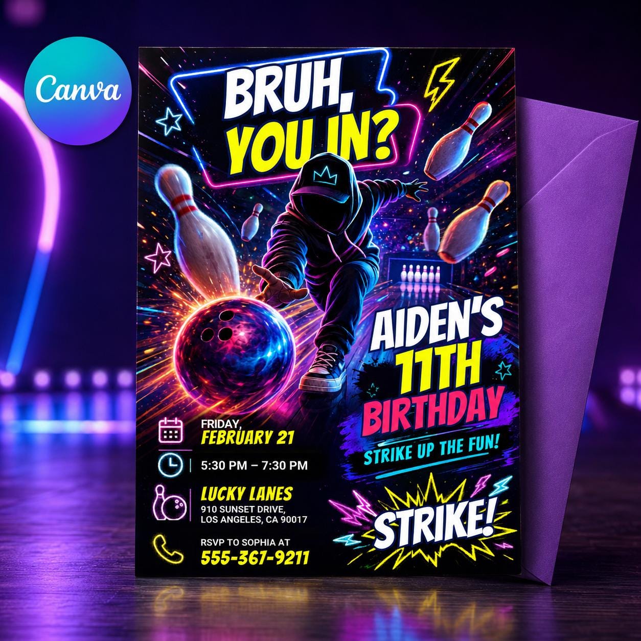 Bowling Birthday Invitation, Bruh You In Invitation, Any Age, Any Theme, Neon Graffiti Bruh Birthday Party Invite, Editable Canva Template __etsy:8059504530