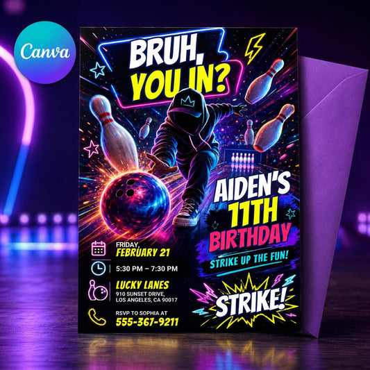 Bowling Birthday Invitation, Bruh You In Invitation, Any Age, Any Theme, Neon Graffiti Bruh Birthday Party Invite, Editable Canva Template __etsy:8059504530