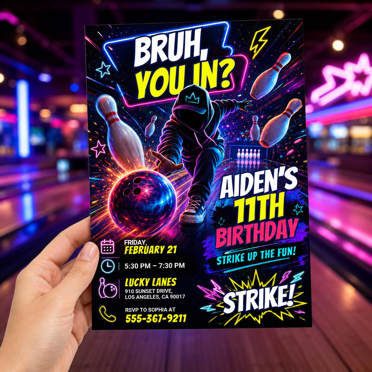 Bowling Birthday Invitation, Bruh You In Invitation, Any Age, Any Theme, Neon Graffiti Bruh Birthday Party Invite, Editable Canva Template __etsy:8059504522