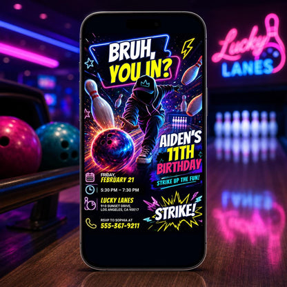 Bowling Birthday Invitation, Bruh You In Invitation, Any Age, Any Theme, Neon Graffiti Bruh Birthday Party Invite, Editable Canva Template __etsy:8059504518