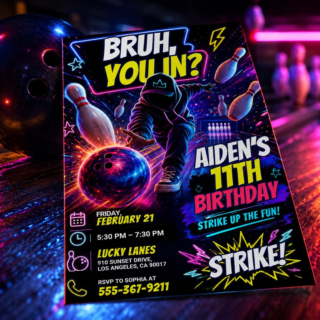 Bowling Birthday Invitation, Bruh You In Invitation, Any Age, Any Theme, Neon Graffiti Bruh Birthday Party Invite, Editable Canva Template __etsy:8059504524