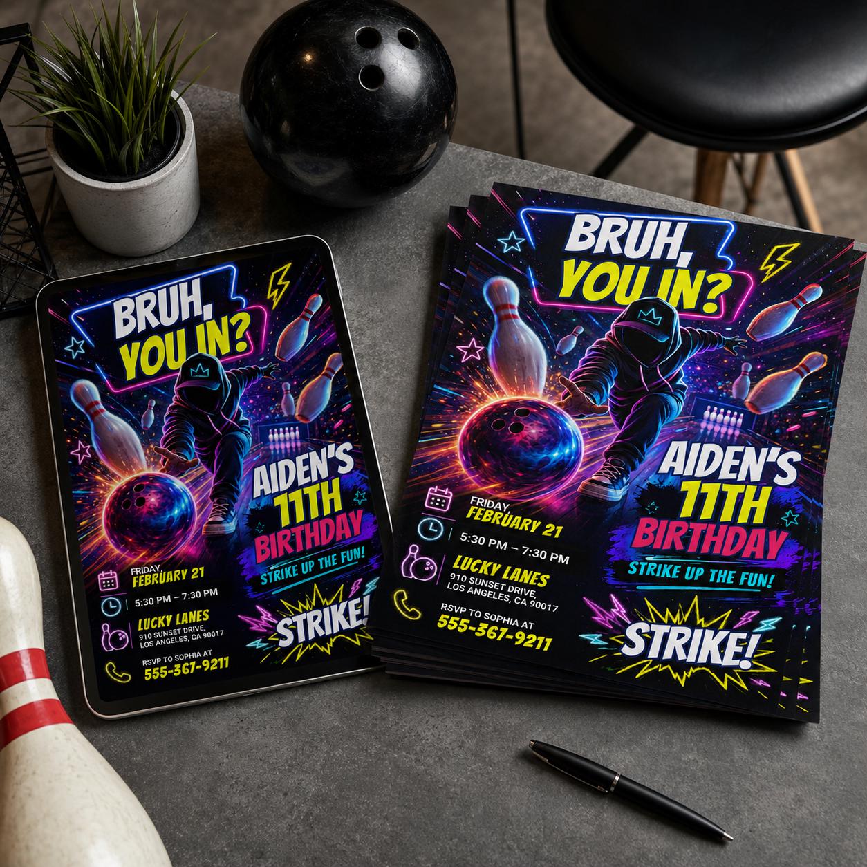 Bowling Birthday Invitation, Bruh You In Invitation, Any Age, Any Theme, Neon Graffiti Bruh Birthday Party Invite, Editable Canva Template __etsy:8059504528