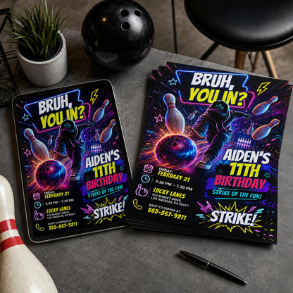 Bowling Birthday Invitation, Bruh You In Invitation, Any Age, Any Theme, Neon Graffiti Bruh Birthday Party Invite, Editable Canva Template __etsy:8059504528