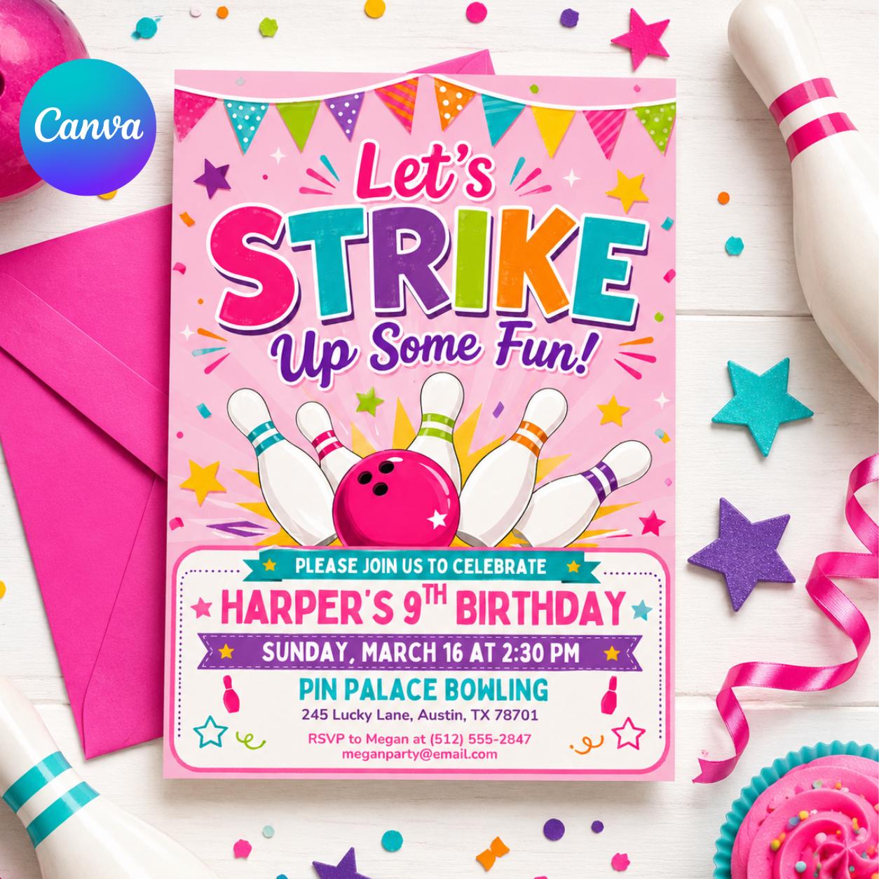 Bowling Birthday Invitation, Let's Strike Up Some Fun, Girls Bowling Birthday Party Invitation, Pink Bowling Party, Editable Canva Template __etsy:8045151127