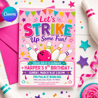 Bowling Birthday Invitation, Let's Strike Up Some Fun, Girls Bowling Birthday Party Invitation, Pink Bowling Party, Editable Canva Template __etsy:8045151127