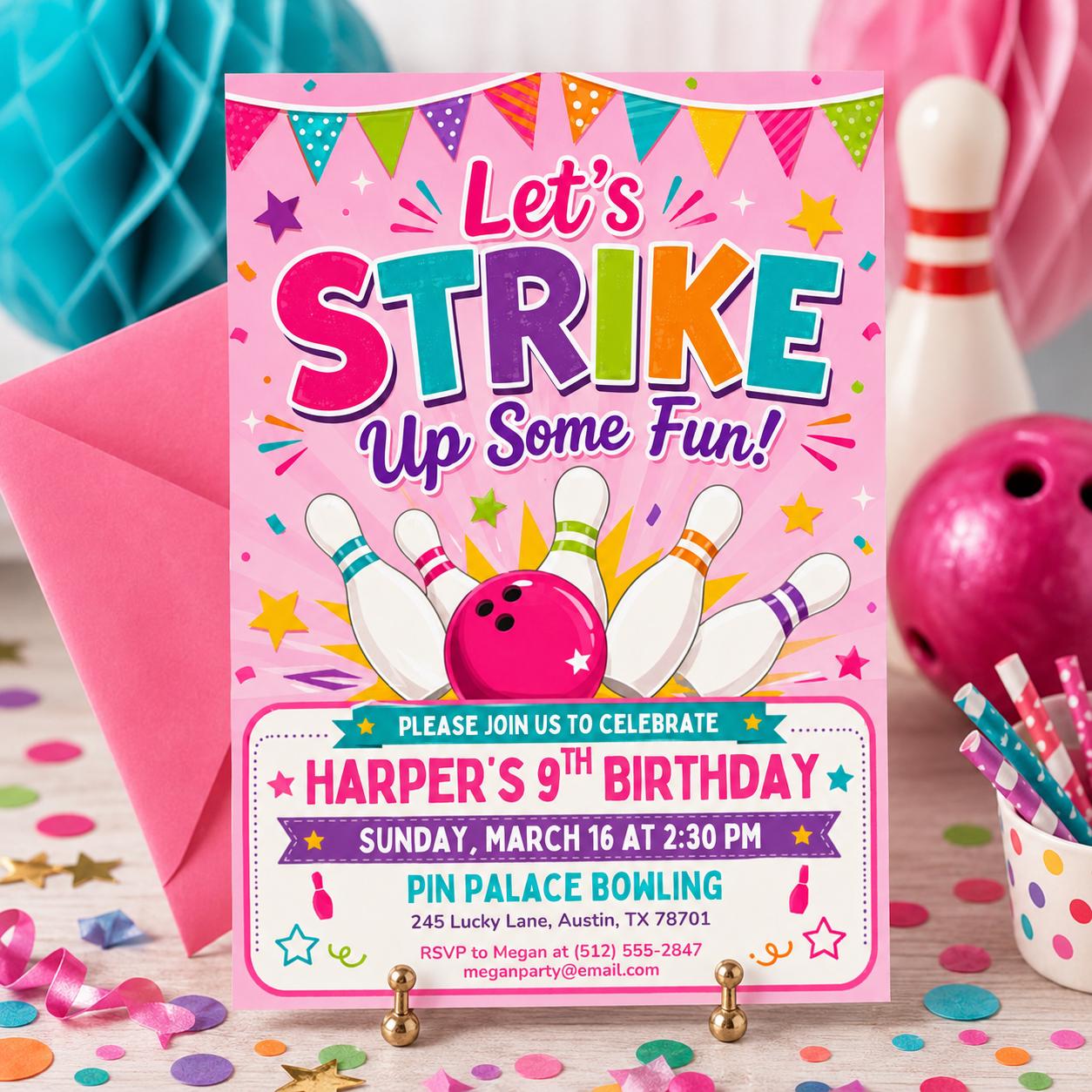 Bowling Birthday Invitation, Let's Strike Up Some Fun, Girls Bowling Birthday Party Invitation, Pink Bowling Party, Editable Canva Template __etsy:8045151151