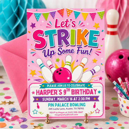 Bowling Birthday Invitation, Let's Strike Up Some Fun, Girls Bowling Birthday Party Invitation, Pink Bowling Party, Editable Canva Template __etsy:8045151151