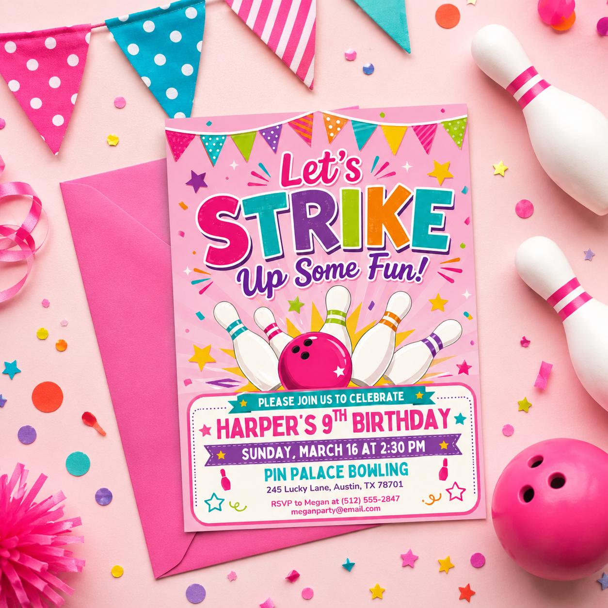 Bowling Birthday Invitation, Let's Strike Up Some Fun, Girls Bowling Birthday Party Invitation, Pink Bowling Party, Editable Canva Template __etsy:7997216688