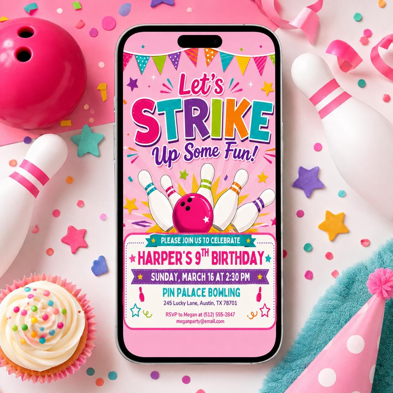 Bowling Birthday Invitation, Let's Strike Up Some Fun, Girls Bowling Birthday Party Invitation, Pink Bowling Party, Editable Canva Template __etsy:8045151159