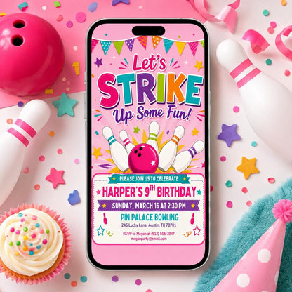 Bowling Birthday Invitation, Let's Strike Up Some Fun, Girls Bowling Birthday Party Invitation, Pink Bowling Party, Editable Canva Template __etsy:8045151159