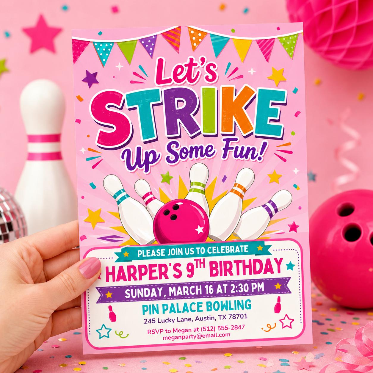 Bowling Birthday Invitation, Let's Strike Up Some Fun, Girls Bowling Birthday Party Invitation, Pink Bowling Party, Editable Canva Template __etsy:7997216692