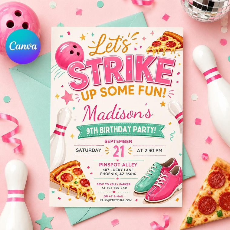 Let's Strike Up Some Fun Bowling 9th Birthday Invitation