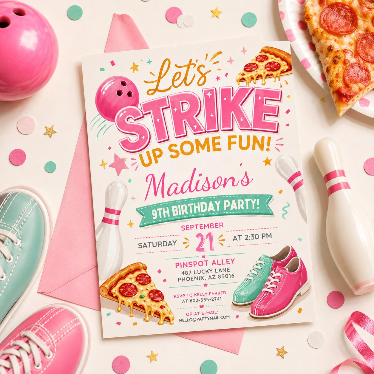 Bowling Birthday Invitation, Let's Strike Up Some Fun,Pink Bowling Party Invite,Girls Bowling Birthday Party Invite, Editable Canva Template __etsy:8046974401