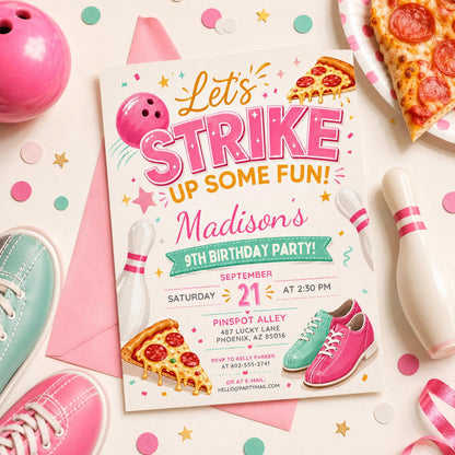 Bowling Birthday Invitation, Let's Strike Up Some Fun,Pink Bowling Party Invite,Girls Bowling Birthday Party Invite, Editable Canva Template __etsy:8046974401