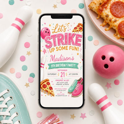 Bowling Birthday Invitation, Let's Strike Up Some Fun,Pink Bowling Party Invite,Girls Bowling Birthday Party Invite, Editable Canva Template __etsy:8046974375