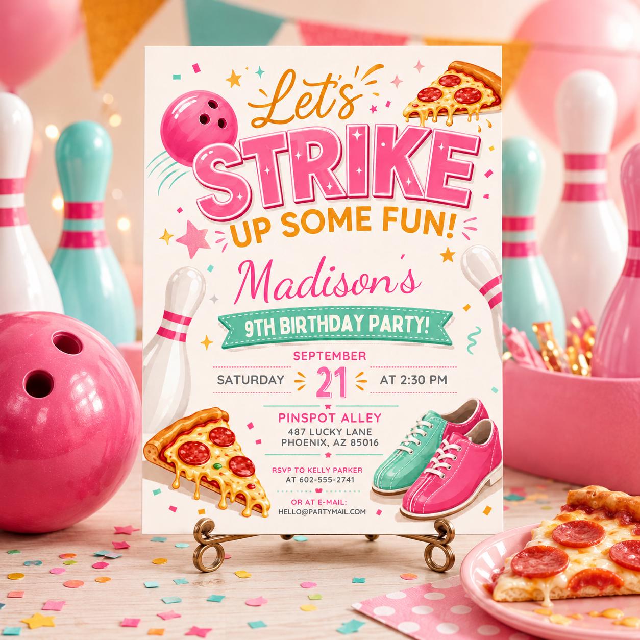 Bowling Birthday Invitation, Let's Strike Up Some Fun,Pink Bowling Party Invite,Girls Bowling Birthday Party Invite, Editable Canva Template __etsy:7999039812