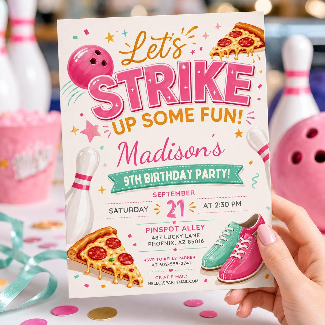 Bowling Birthday Invitation, Let's Strike Up Some Fun,Pink Bowling Party Invite,Girls Bowling Birthday Party Invite, Editable Canva Template __etsy:7999039818
