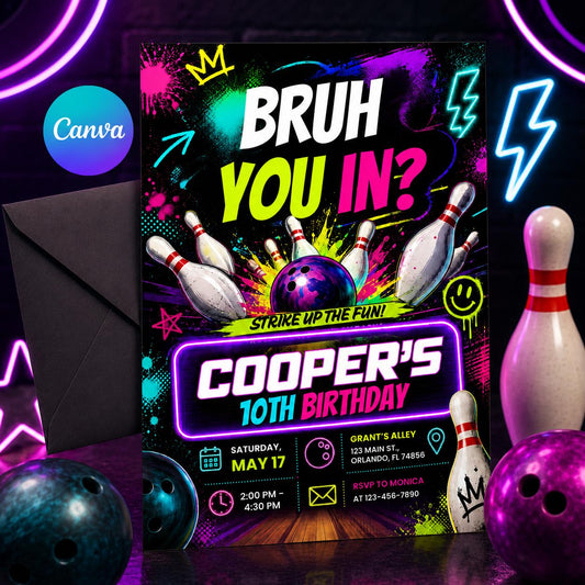 Bowling Birthday Invitation, Teen Boys Bowling Birthday Invitation, Bruh You In? Neon Party Editable Canva, Bruh You In Party Invite __etsy:8084622011