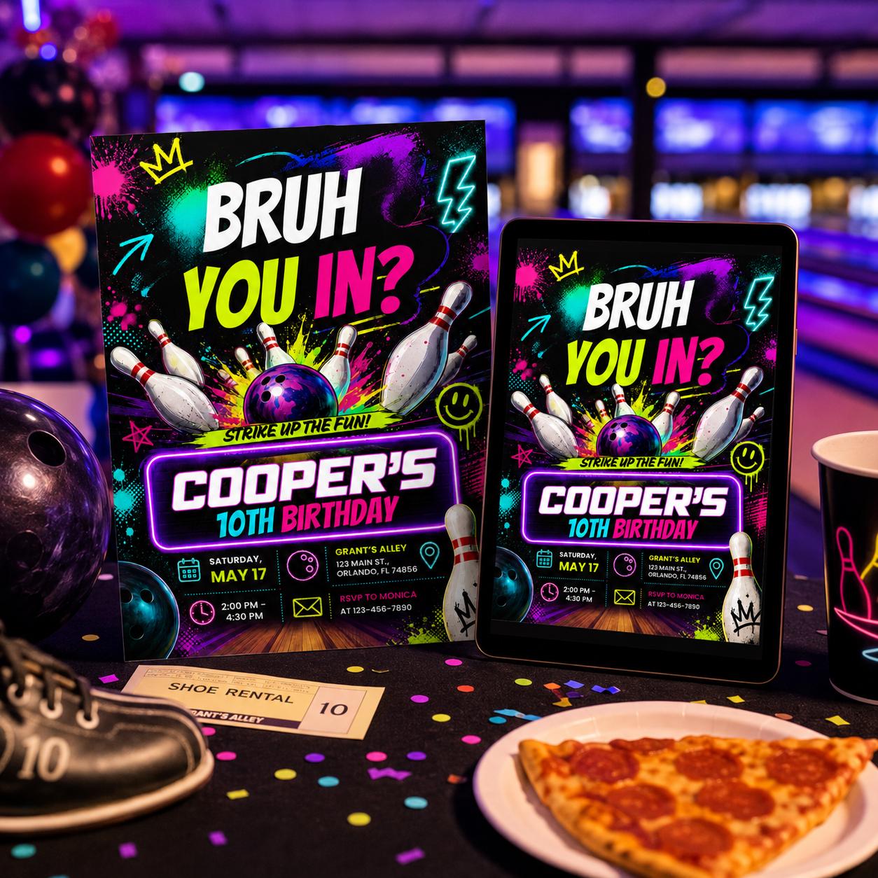 Bowling Birthday Invitation, Teen Boys Bowling Birthday Invitation, Bruh You In? Neon Party Editable Canva, Bruh You In Party Invite __etsy:8084622017