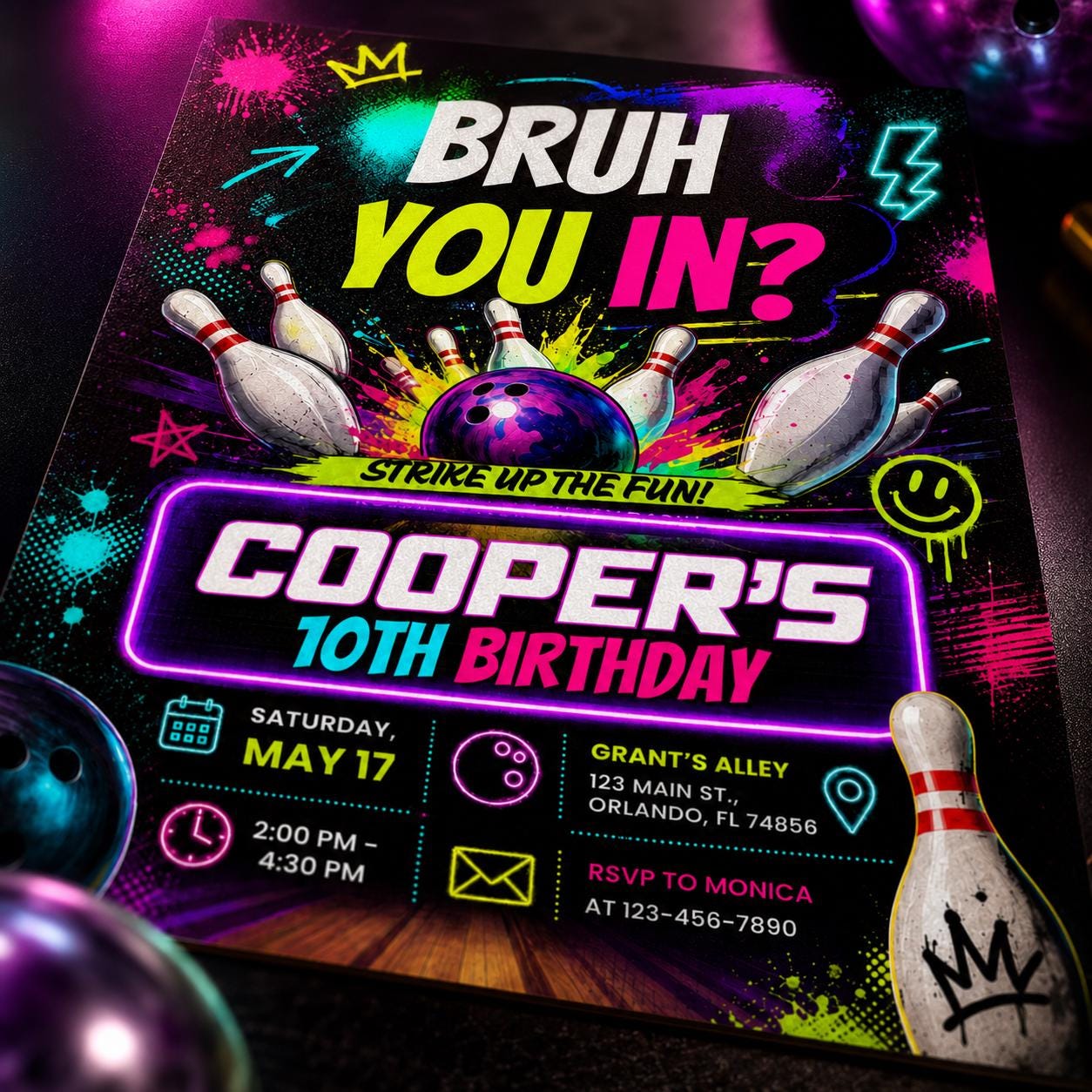 Bowling Birthday Invitation, Teen Boys Bowling Birthday Invitation, Bruh You In? Neon Party Editable Canva, Bruh You In Party Invite __etsy:8036706458