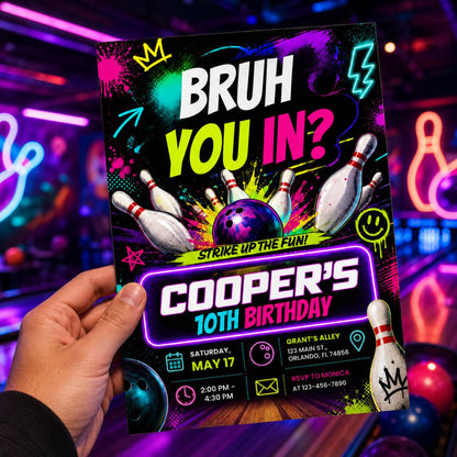 Bowling Birthday Invitation, Teen Boys Bowling Birthday Invitation, Bruh You In? Neon Party Editable Canva, Bruh You In Party Invite __etsy:8084622013