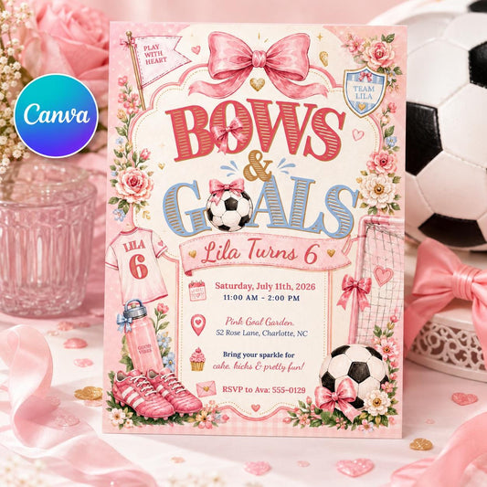 Bows And Goals Birthday Invitation, Editable Pink Soccer Party Invite, Girl 6th Birthday Sports Floral Template, Printable Download __etsy:8131705814
