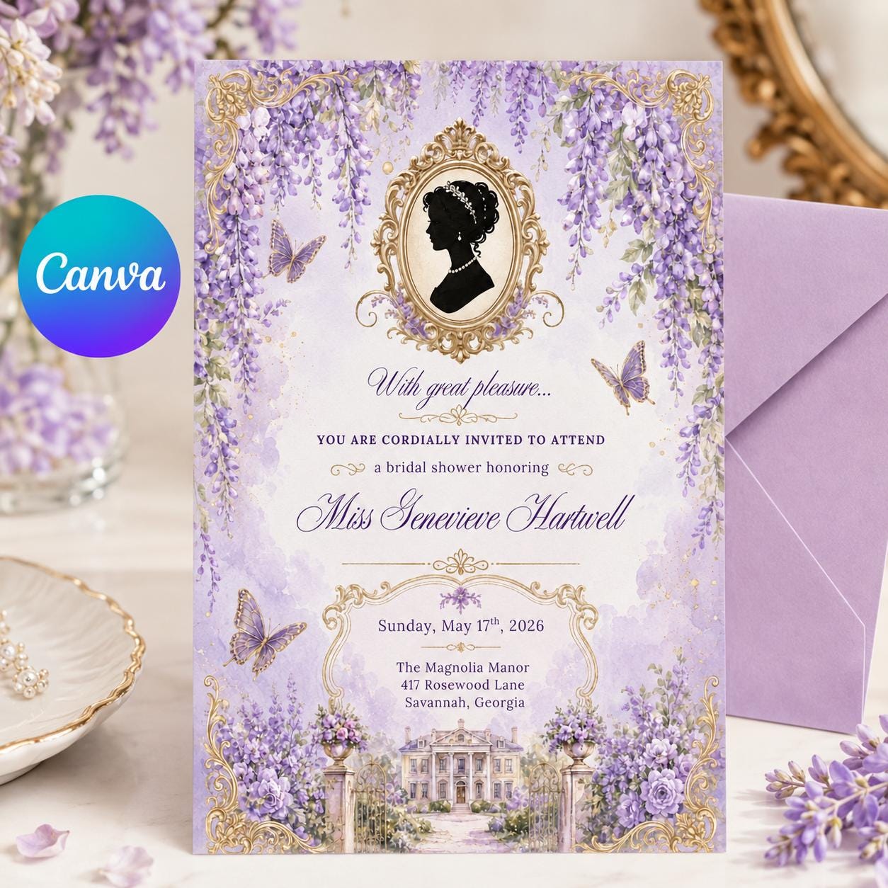Bridal Shower Invitation Template, Wisteria Floral Design, Wildflower Bridal Shower Invitation, Floral Garden Party Invite, Canva Template __etsy:8086465213
