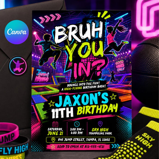 Bruh Jump Glow Birthday Invitation, Neon Trampoline Park Party Invite, Boy 9th 10th Birthday Editable Canva Glow Party Birthday Invite __etsy:8081199395