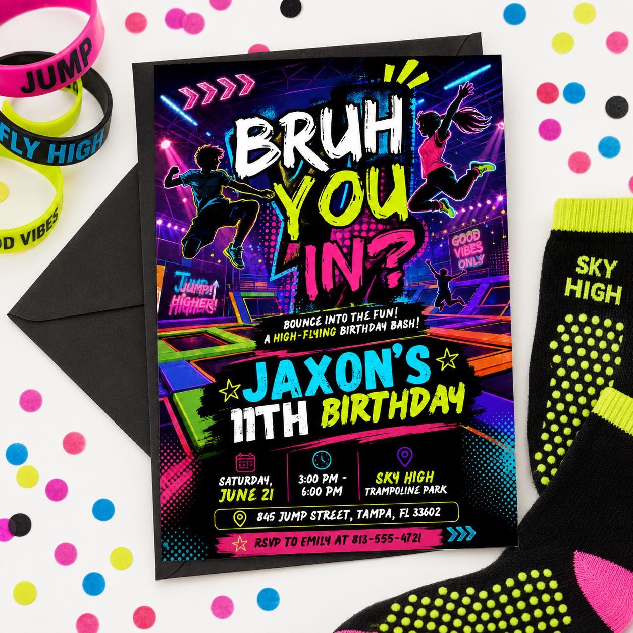 Bruh Jump Glow Birthday Invitation, Neon Trampoline Park Party Invite, Boy 9th 10th Birthday Editable Canva Glow Party Birthday Invite __etsy:8081181999