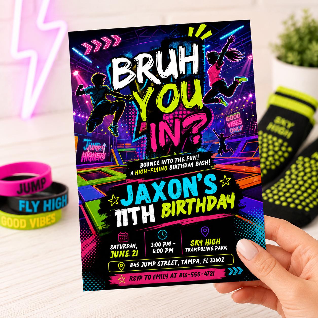 Bruh Jump Glow Birthday Invitation, Neon Trampoline Park Party Invite, Boy 9th 10th Birthday Editable Canva Glow Party Birthday Invite __etsy:8033268336
