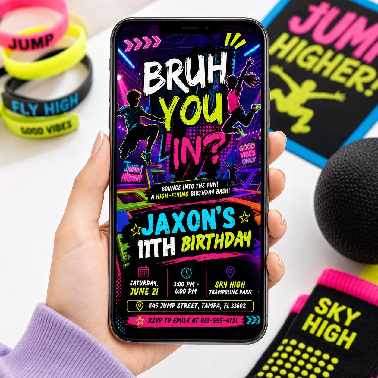 Bruh Jump Glow Birthday Invitation, Neon Trampoline Park Party Invite, Boy 9th 10th Birthday Editable Canva Glow Party Birthday Invite __etsy:8033268354