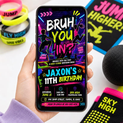 Bruh Jump Glow Birthday Invitation, Neon Trampoline Park Party Invite, Boy 9th 10th Birthday Editable Canva Glow Party Birthday Invite __etsy:8033268354