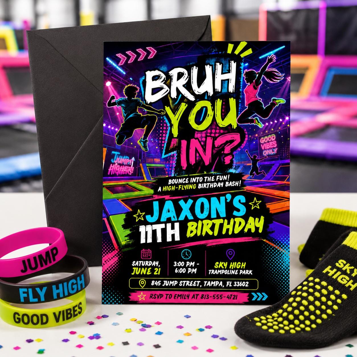 Bruh Jump Glow Birthday Invitation, Neon Trampoline Park Party Invite, Boy 9th 10th Birthday Editable Canva Glow Party Birthday Invite __etsy:8033268378