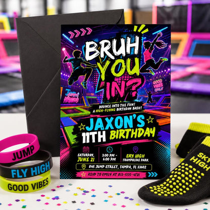 Bruh Jump Glow Birthday Invitation, Neon Trampoline Park Party Invite, Boy 9th 10th Birthday Editable Canva Glow Party Birthday Invite __etsy:8033268378